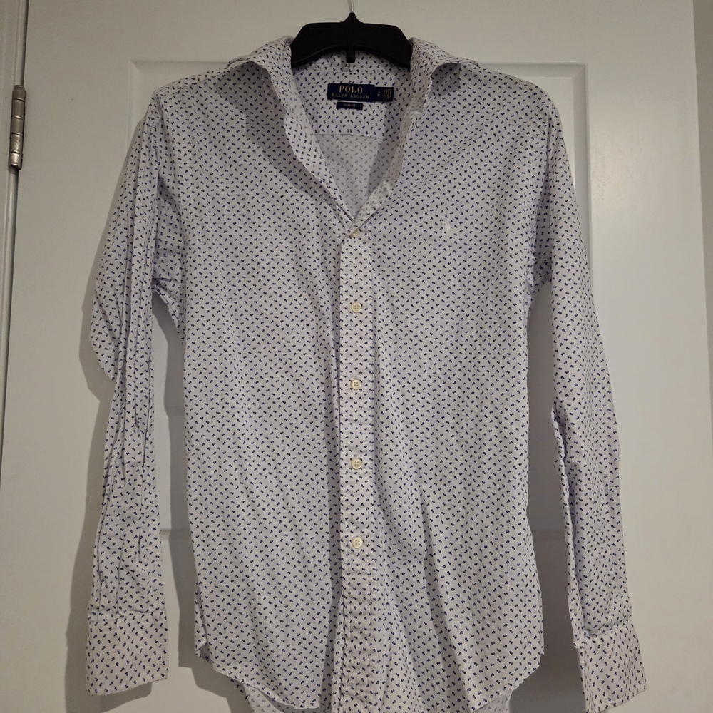Ralph Lauren Men's White and Blue Patterned Shirt